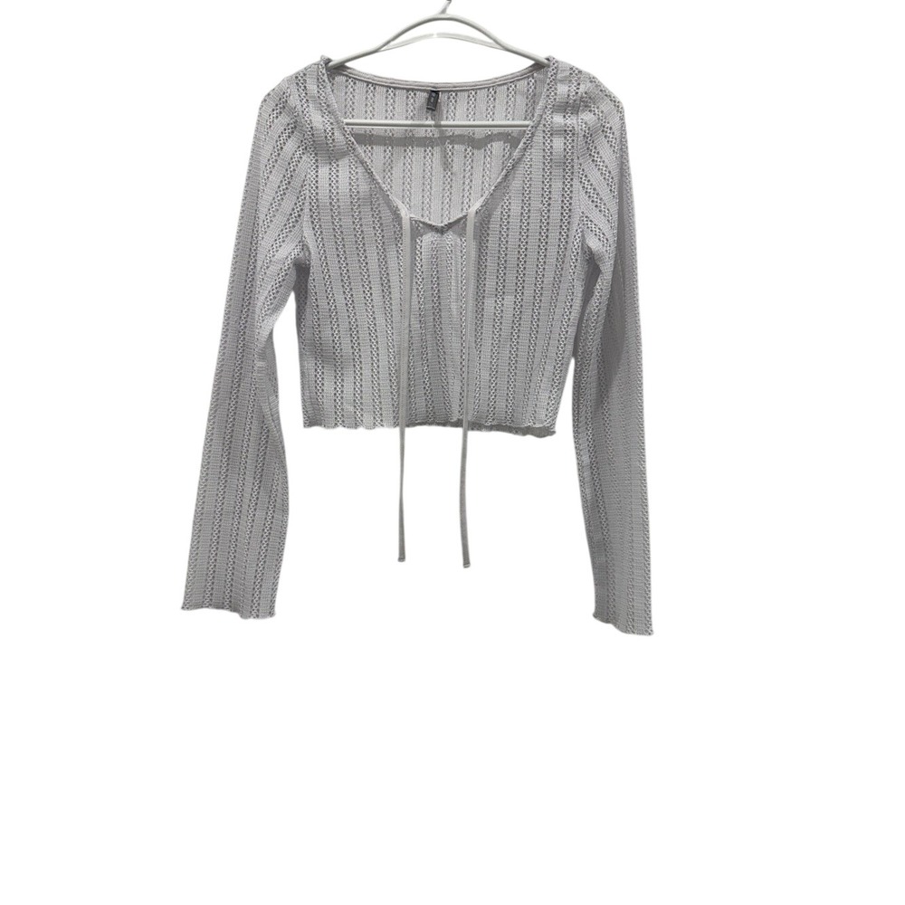 Refuge White Open Knit Tie Front Long Sleeve Crop Top M/M